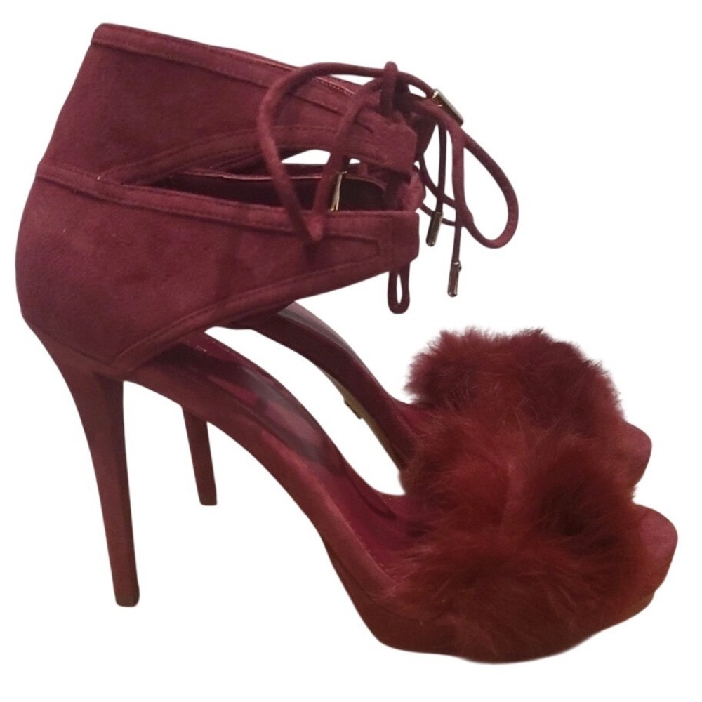 Michael Kors Lace Remy Fur Straps Burgundy Stiletto Open Toe Sandals Shoes 9.5